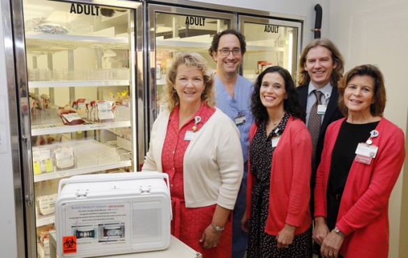 Members of the team that led an initiative to reduce blood use and waste at Vanderbilt include (front row, from left) Barbara Martin, R.N., Marcella  Woods, Ph.D., Stephanie Sephel, (back row, from left) Oscar Guillamondegui, M.D., MPH, and Garrett Booth, M.D. (photo by Steve Green)