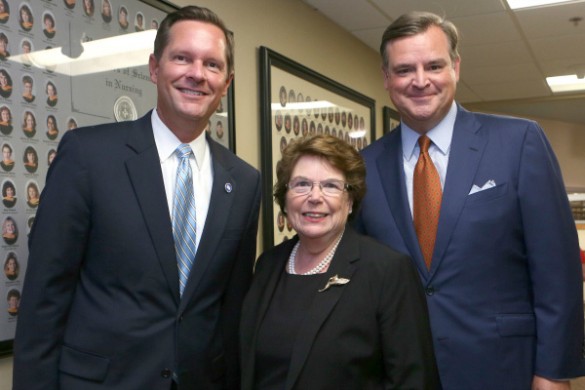 From left: Rep. Cameron Sexton; VUSN Dean Linda Norman, Valere Potter Menefee Professor of Nursing; and VU Assistant Vice Chancellor for State Government Relations Nathan Green following a panel discussion on Aug. 30. (Anne Rayner/Vanderbilt)