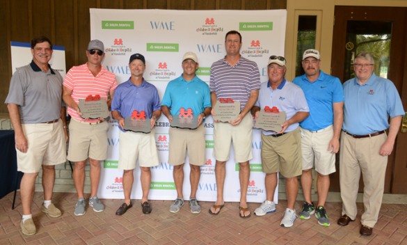 On hand at the first-ever Monroe Carell Jr. Children’s Hospital at Vanderbilt Celebrity Golf Classic are, from left, Phil Wenk, DDS, Brent Keally, Jay Hollomon, Brian Waller, Ryan Jacobs, Danny Briggs, Rob Beckham and Luke Gregory