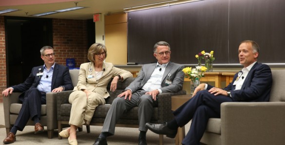 Taking part in last week’s ‘Catalyst for Change’ update on Vanderbilt University Adult Hospital and Clinics was, from left, Titus Daniels, M.D., MPH, MMHC, Robin Steaban, MSN, R.N., C. Lee Parmley, M.D., J.D., and Mitch Edgeworth, MBA. (photo by John Russell)