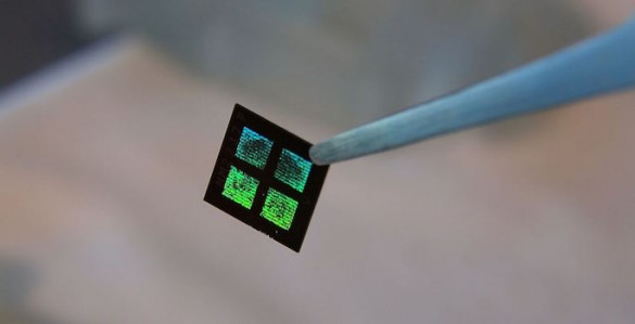 close-up of microchip held by tweezers