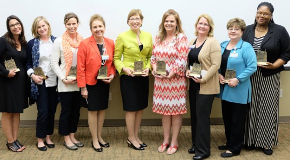 The 2016 VUSN faculty and staff award honorees are (l-r) Angel Anthamatten, Betsy Kennedy, Karen Hande, Susie Leming-Lee, Marilyn Dubree, Stacy Black, Sharon Holley, Sheila Ridner and Mia Wells. (Vanderbilt University)