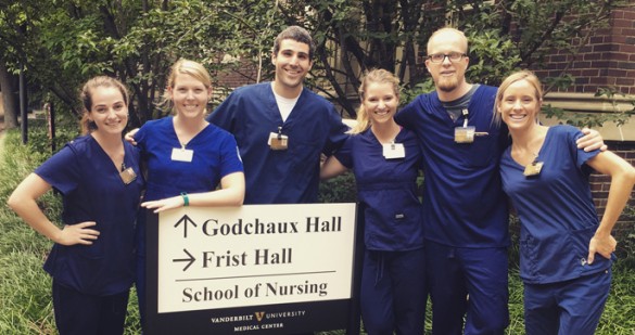 From left, VUSN PreSpecialty students Sarah Vaillancourt, Rebecca Daniels, Jerald Westendorf, Brooke DeLaney Collins, Todd Styles and Angie Larson suit up in their new scrubs for the first full week of classes. (photo by Sara Putnam)