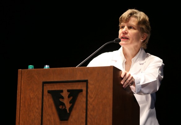 Nancy Brown, M.D., chair of the Department of Medicine, presents the annual State of the Department in Langford Auditorium, outlining past successes and future plans. (photo by John Russell)