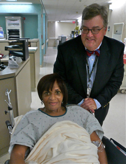 J. Kelly Wright Jr., M.D., talks with patient Sharon Byrd before her surgery. (photo by Judy Wright)