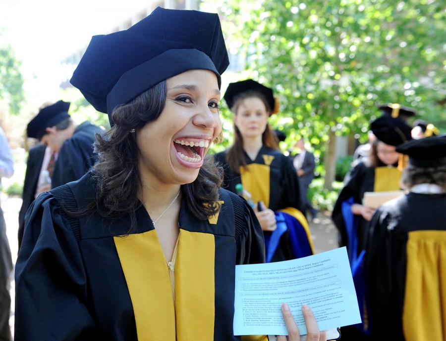 Janina Jeff smiles after receiving her Ph.D. in Human Genetics. (photo by Joe Howell)