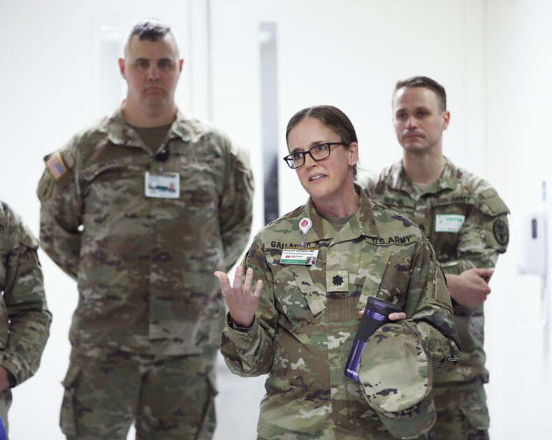 Maggie Gallagher, MD, assistant professor of Clinical Pediatric Surgery, is also the chief of General Surgery at Blanchfield Army Community Hospital at Fort Campbell, Kentucky. She shares her thoughts on the strengths of the military-civilian partnership. (Photo by Donn Jones)
