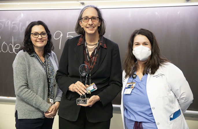 Kimryn Rathmell, MD, PhD, center, received the 2023 Advanced Practice Ambassador Award. With her are Shelley Atkinson, DNP, APRN, ACNP-BC, ANP-BC, left, and Jody Barnwell-Smith, DNP, AG-ACNP.