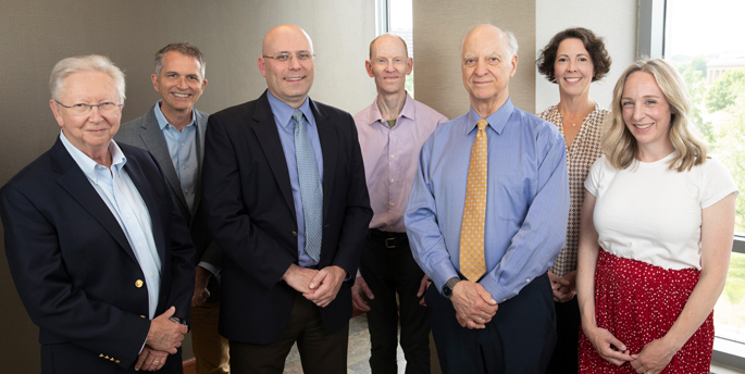 From left, Frank Harrell Jr., PhD, Paul Harris, PhD, Wesley Self, MD, James Chappell, MD, PhD, Gordon Bernard, MD, Jana Shirey-Rice, PhD, and Jillian Rhoads, PhD, play key roles in a national effort to advance the understanding and treatment of acute respiratory distress syndrome, pneumonia and sepsis.