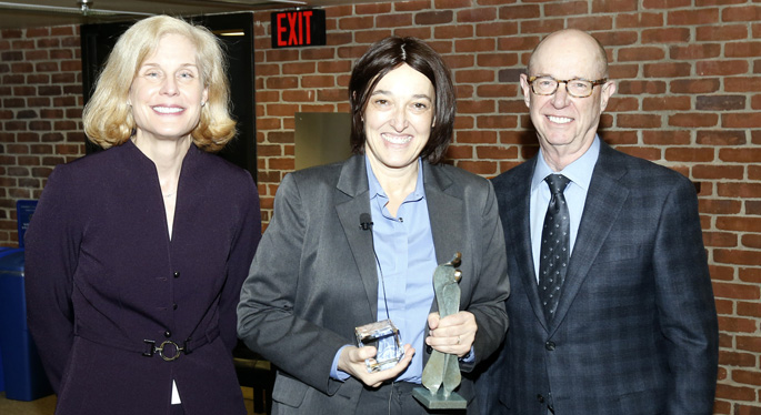 Vanderbilt Prize recipient Angelika Amon, PhD, center, poses for a photo with Jennifer Pietenpol, PhD, and Lawrence Marnett, PhD.