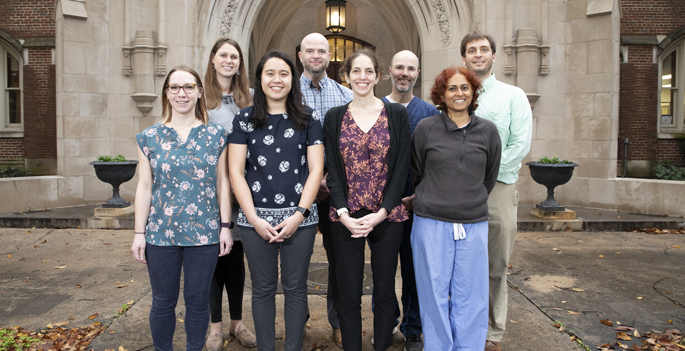 Vanderbilt Antimicrobial Stewardship Program personnel include (front row, from left) Chelsea Gorsline, MD, Sophie Katz, MD, Gowri Satyanarayana, MD. Not pictured, Ritu Banerjee, MD, PhD, Jessica Gillon, PharmD, (back row, from left) Milner Staub, MD, George Nelson, MD, Ben Ereshefsky, PharmD, and Jeff Frieberg, MD, PhD.