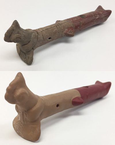 The Imaging Institute scanned this ancient flute, top, and created a 3D-printed replica, below, which was then painted by a class of undergraduate students.