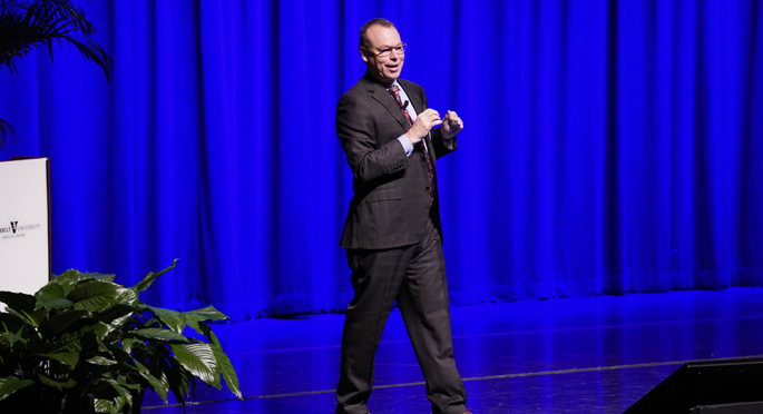 Jeff Balser, MD, PhD, spoke about VUMC’s goals and milestones during Wednesday’s Leadership Assembly.