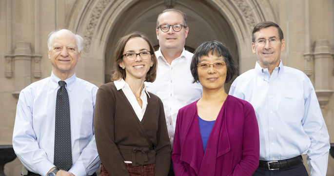 The clinical trial group includes, from left, Gordon Bernard, MD, Katherine Cahill, MD, Kevin Niswender, MD, PhD, Pingsheng Wu, PhD, and R. Stokes Peebles, MD.