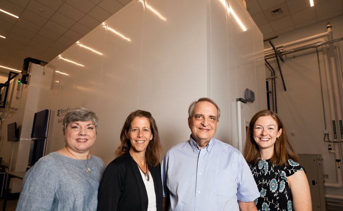 Leaders in VUMC's newly expanded biobanking resource pose in front of the off campus "BioStore" facility. They include, from left, Cara Sutcliffe, MS, Karen Beeri, James Goldenring, MD, PhD, and Amy Martinez, PhD. (photo by Susan Urmy)