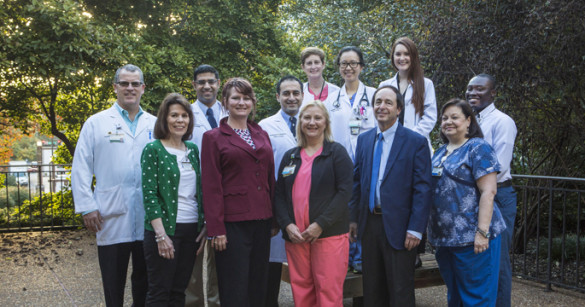 Members of the VUMC Cardio-oncology team include (front row from left) Randy Barret, Terisa Thorpe, Sheryl Kernodle, R.N., David Slosky, M.D., Lisa Mickey, LPN, (middle row, from left) Daniel Lenihan, M.D., Nirman Bhatia, M.D., Javid Moslehi, M.D., Donald Okoye, (back row, from left) Kim Schafer, R.N., Weijuan Li, M.D., and Mary Barber. (photo by Anne Rayner)