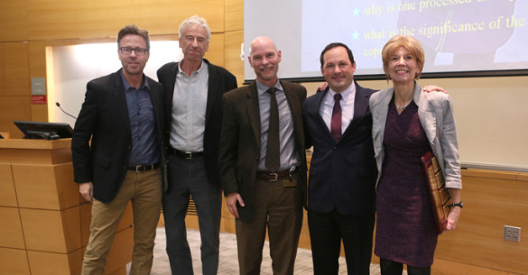 Vivien Casagrande, Ph.D., poses with colleagues at the recent symposium honoring her contributions to science. With her, from left, are Rene Marois, Ph.D., M.S., Ian Macara, Ph.D., Mark Wallace, Ph.D., and David Calkins, Ph.D. (photo by Anne Rayner)