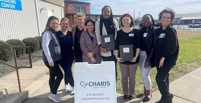 Creators of the diabetes toolkit included, from left, Charis Health Center’s Carolyn Moore and Lauren Smith and VUMC’s Lindsay Miller, Lucy Leon, Bianca Sarr, Hannah Beddoe, Autumn Montgomery and Kimberly Burkeen.