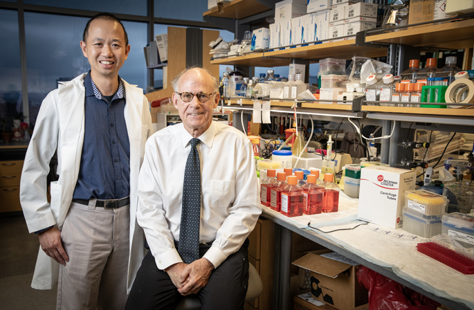 Ken Lau, PhD, left, and Bob Coffey, MD, have made several important discoveries about colorectal cancer that are aiding the search for new, more effective therapies. (photo by Erin O. Smith)