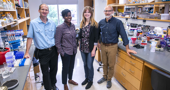 David Cortez, PhD, left, Petria Thompson, Katherine Amidon, Brandt Eichman, PhD, and colleagues are studying how a DNA repair pathway protein shields sites of damage to avoid mutations.