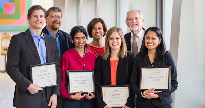 Among those honored at Diabetes Day were (front row, from left) Andrew Wiese, PhD; Radhika Aramandla; Sarah Graff; and Rachana Haliyur, PhD. Event leaders included (back row, from left) Sean Davies, PhD; Sarah Jaser, PhD; and Alvin Powers, MD.