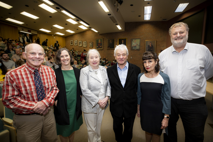Attending last week’s Discovery Lecture by Nobel laureate Sir Paul Nurse, PhD, (fourth from left) were, from left, Jackie Corbin, PhD, Kathy Gould, PhD, Sharron Francis, PhD, Nancy Carrasco, MD, and Roger Colbran, PhD.