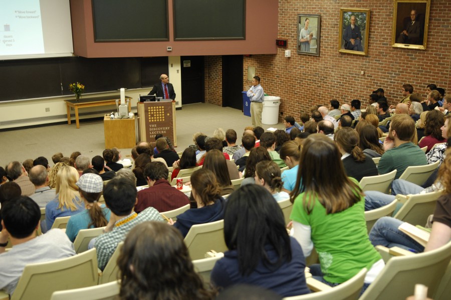 Light Hall was packed for last week’s Discovery Lecture by Martin Chalfie, Ph.D. (Photo by Anne Rayner)
