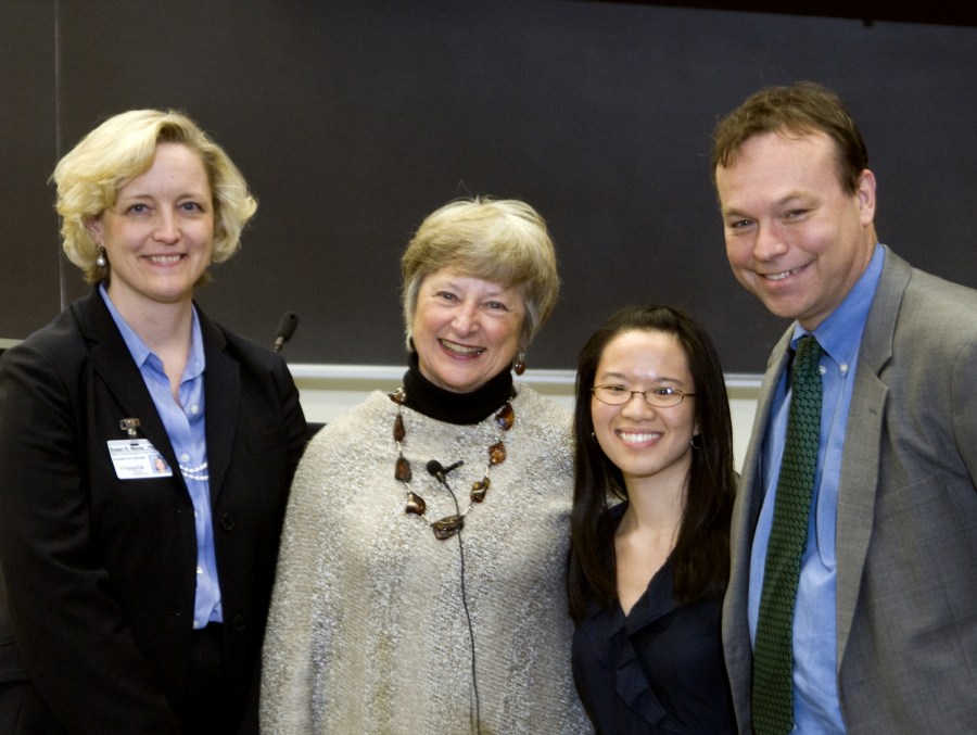 Elizabeth Dong, third from left, is this year’s Vanderbilt Prize Student Scholar. Here she is joined by, from left, Susan Wente, Ph.D., Susan Taylor, Ph.D., and Jeff Balser, M.D., Ph.D. (photo by Susan Urmy)