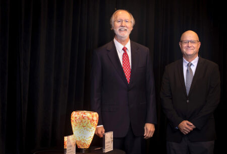 Robert Dittus, MD, MPH, left, and Stephen Camarata, PhD, were among those honored at last week’s Vanderbilt Translational Research Forum.
