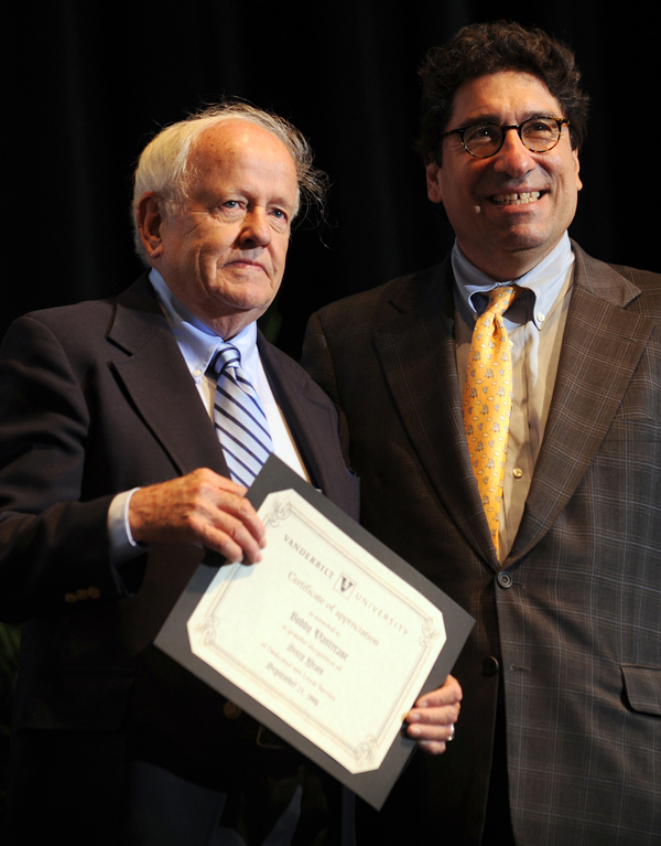 Bobby Vantrease, left, is recognized by Chancellor Nicholas S. Zeppos for 60 years of service. (photo by Joe Howell)