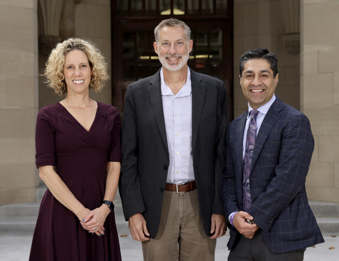 Alyssa Hasty, PhD, left, Jeffrey Rathmell, PhD, and Kamran Idrees, MD, MSCI, are part of a multidisciplinary team that received a 2023 Endeavor Award from The Mark Foundation for Cancer Research to study the connection between obesity and cancer. Team members not pictured include Kathryn Wellen, PhD, Liza Makowski, PhD, and Kathryn Beckermann, MD, PhD.