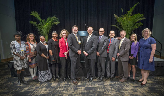 L-r: Maria Magdalena Campos-Pons, Heather Conner, Donna Y. Ford, Rhonda Y. Williams, D. Borden Lacy, Erik William Carter, Jeffrey L. Neul, Kevin M. Stack, Atsushi Inoue, Jonathan G. Schoenecker, Joni Hersch and Provost Susan R. Wente at the Oct. 23 endowed chair celebration. (John Russell/Vanderbilt)