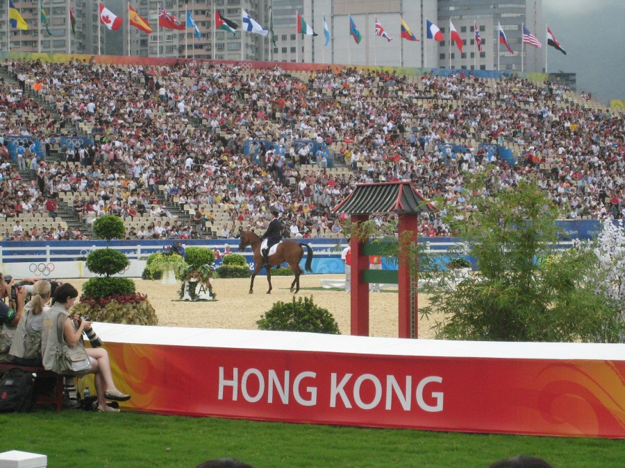 The jumping competition draws a good crowd at the Beijing Olympics equestrian facility in Hong Kong.
