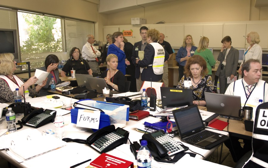 VUMC’s Emergency Operations Center kicked into high gear during last weekend’s historic flooding and remained open for several days to manage VUMC’s response efforts. (photo by Susan Urmy)