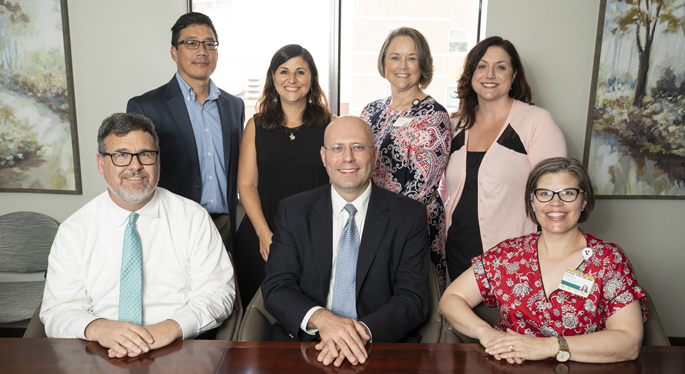 The flu severity team study team includes (front row, from left) Todd Rice, MD, MSCI; Wesley Self, MD, MPH; Keipp Talbot, MD, MPH; (back row, from left) Carlos Grijalva, MD, MPH; Natasha Halasa, MD, MPH; Christy Kampe and Adrienne Baughman.
