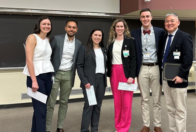 From left are: Kaitlyn Tracy, MD, General Surgery resident; Mark Naguib, MD, Pediatrics resident; Brittany Murphy, MD, Internal Medicine resident; Moriah Forster, MD, Hematology and Oncology fellow; Derek Riffert, VUSM MD candidate; Jin Han, MD, MSc, Emergency Medicine faculty physician.