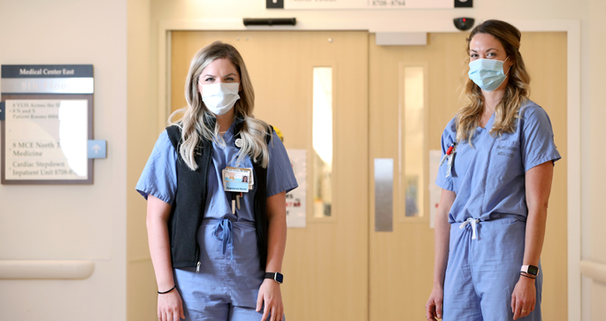 Kate Sessler, RN, left, and Caroline Gardner, RN, were among those who spoke at a recent Bedside Matters presentation about what it’s like to take care of patients seriously ill with COVID-19.
