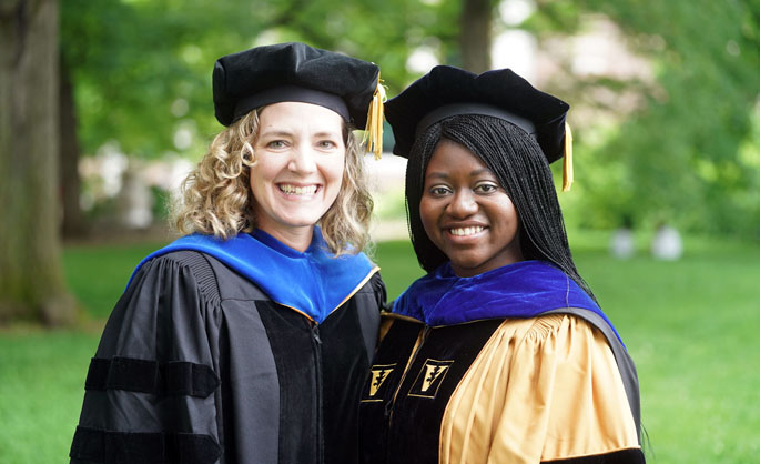 Hubaida Fuseini, right, earned her PhD in Microbe-Host Interactions, working with Dawn Newcomb, PhD.