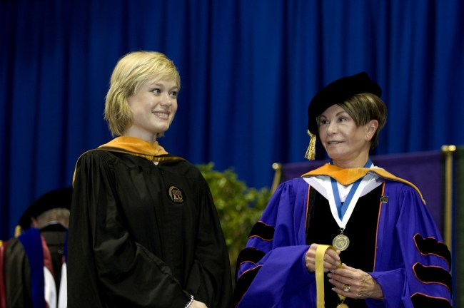 Nancy Lancaster, left, receives the School of Nursing Founder’s Medal from Dean Colleen Conway-Welch, Ph.D. (photo by Susan Urmy)