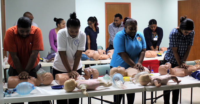 Emergency medical staff practice pediatric life support techniques at Georgetown Public Hospital in Georgetown, Guyana. (photo taken prior to social distancing)