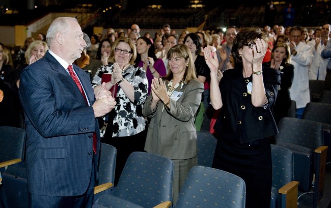 Jacobson gets a standing ovation after speaking at the recent Nurses Week Award and Recognition ceremony. (photo by Joe Howell)