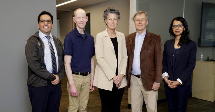 The study team included, from left, Christian Rosas-Salazar, MD, MPH, James Chappell, MD, Tina Hartert, MD, MPH, William Dupont, PhD, and Tebeb Gebretsadik. (photo by Donn Jones)