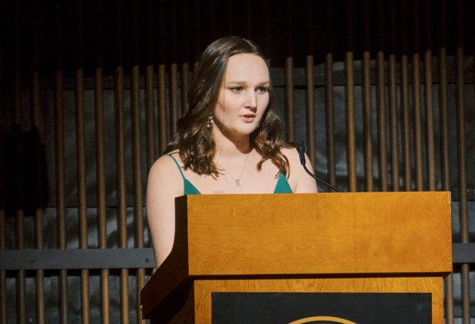 Lily Hensiek, childhood cancer survivor and former Children’s Hospital patient, speaks at the Eve of Janus 50th anniversary gala. Hensiek also served as the gala’s junior honorary co-chair.