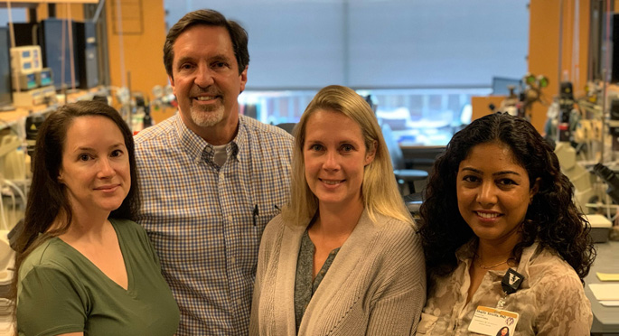 From left, Jennifer Herington, PhD, Jeff Reese, MD, Elaine Shelton, PhD, and Shajila Siricilla, PhD, are studying whether drugs given to premature infants in the NICU contribute to patent ductus arteriosus.