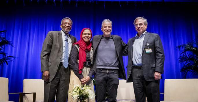 Jon Stewart, comedian, advocate and television host, second from right, participated in a panel discussion on advocacy at Vanderbilt last week. Other panelists included, from left, Walter Clair, MD, MPH, fourth-year medical student Ayesha Muhammad, PhD, and Robert Miller, MD.