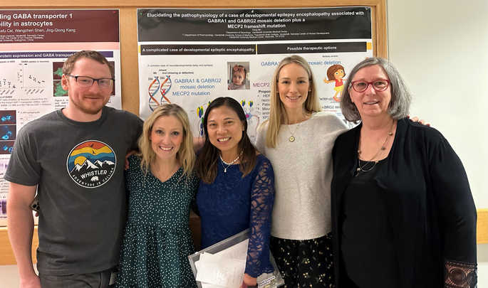 From left, Kirill Zavalin, PhD, postdoctoral fellow in the Kang lab, Amber Freed, Katty Kang, MD, PhD, Monica Elnekaveh, and Terry Jo Bichell, PhD, MPH, join forces to find new treatments for childhood epilepsies associated with genetic mutations. 