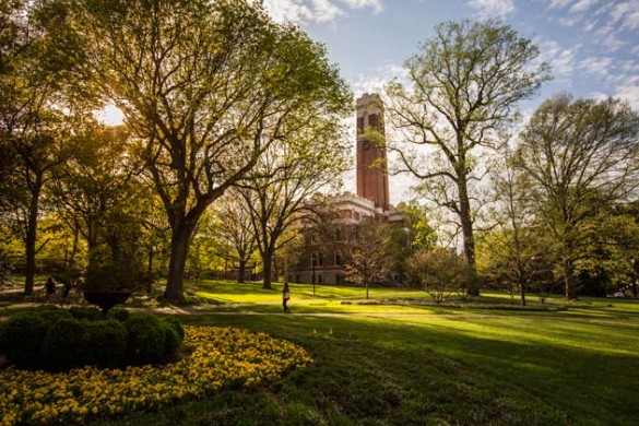 View of Kirkland Hall and the Vanderbilt campus in Spring.