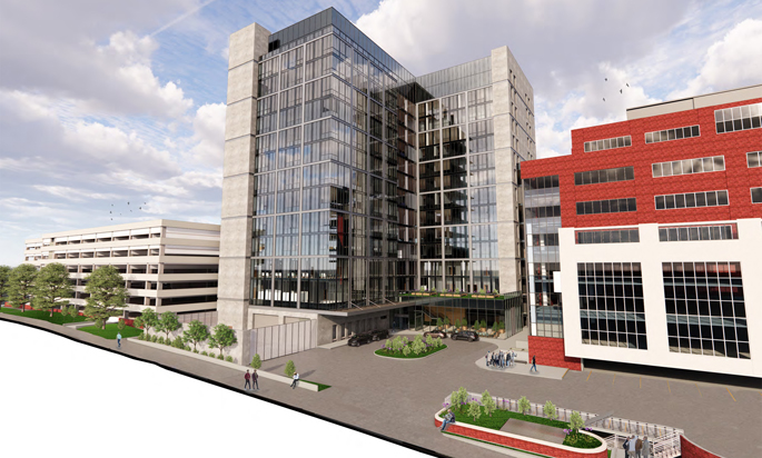 The 15-level, 470,000-square-foot Link Building expansion of Vanderbilt University Hospital will provide additional adult inpatient beds, operating rooms, clinics and office space. (rendering courtesy of Blair, Mui + Dowd)