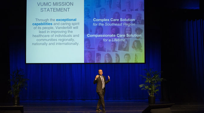 Jeff Balser, MD, PhD, discusses the factors that make Vanderbilt University Medical Center a unique resource in the region at Tuesday’s Leadership Assembly. (photo by Joe Howell)