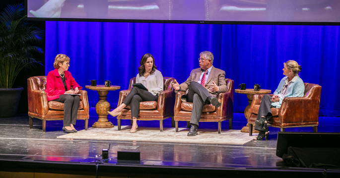 A panel discussion at last week’s Leadership Assembly focused on the importance of talking with patients about uncomfortable but crucial topics. From left are Marilyn Dubree, MSN, RN, Julie Burton, LCSW, David Raiford, MD, and Martha Reeves, RN.